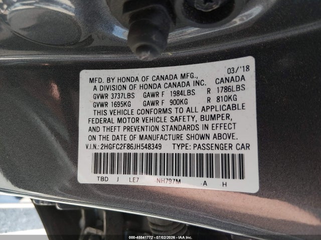 45541772 :رقم المزاد ، 2HGFC2F86JH548349 vin ، 2018 Honda Civic Ex مزاد بيع