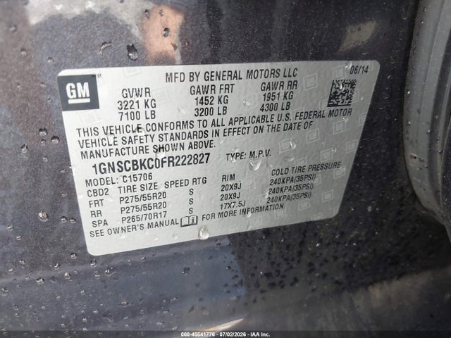 Aukcja sprzedaży 2015 Chevrolet Tahoe Lt, vin: 1GNSCBKC0FR222827, numer aukcji: 45541776