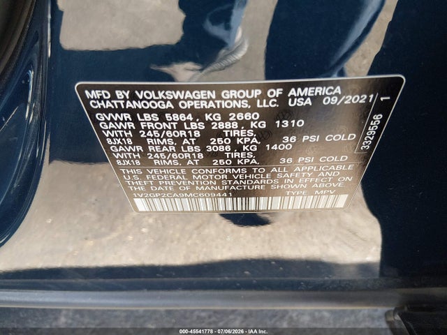 45541778 :رقم المزاد ، 1V2GP2CA9MC609441 vin ، 2021 Volkswagen Atlas 2.0t S مزاد بيع