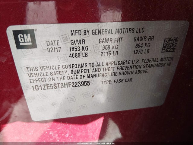 Продажа на аукционе авто 2017 Chevrolet Malibu 1lt, vin: 1G1ZE5ST3HF223955, номер лота: 45541797