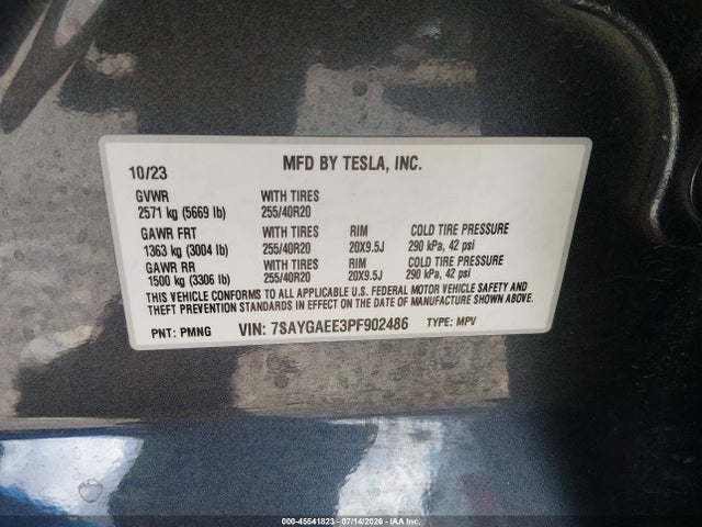 Продажа на аукционе авто 2023 Tesla Model Y Awd/long Range Dual Motor All-wheel Drive, vin: 7SAYGAEE3PF902486, номер лота: 45541823