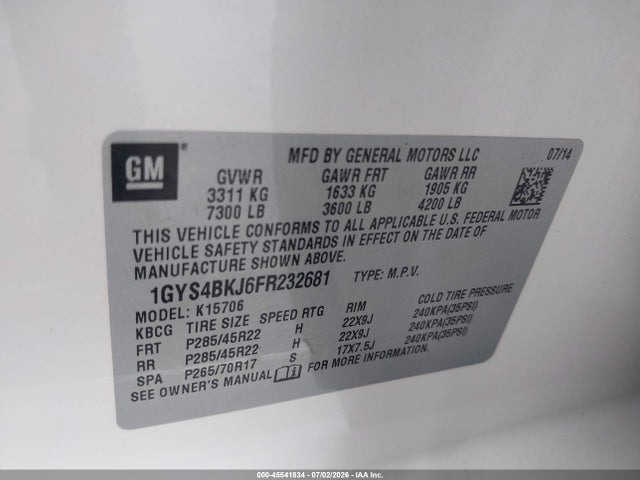 45541834 :رقم المزاد ، 1GYS4BKJ6FR232681 vin ، 2015 Cadillac Escalade Luxury مزاد بيع