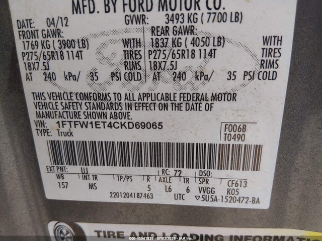 Продажа на аукционе авто 2012 Ford F-150 Fx4/king Ranch/lariat/platinum/xl/xlt, vin: 1FTFW1ET4CKD69065, номер лота: 45541838