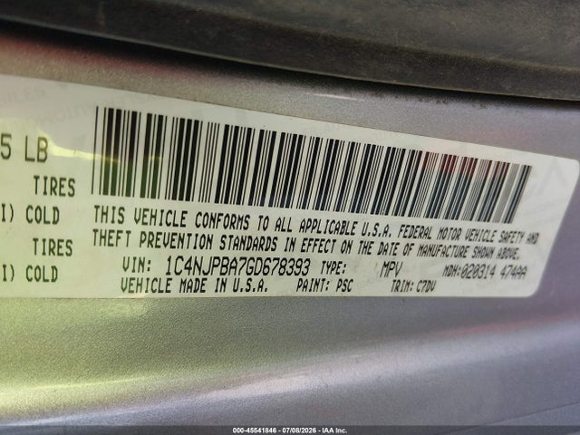 2016 Jeep Patriot Sport მანქანა იყიდება აუქციონზე, vin: 1C4NJPBA7GD678393, აუქციონის ნომერი: 45541846
