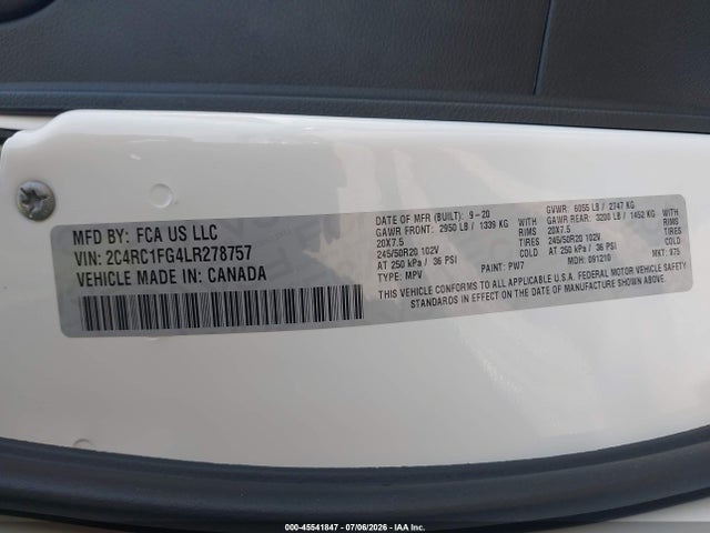 Продажа на аукционе авто 2020 Chrysler Pacifica Touring, vin: 2C4RC1FG4LR278757, номер лота: 45541847
