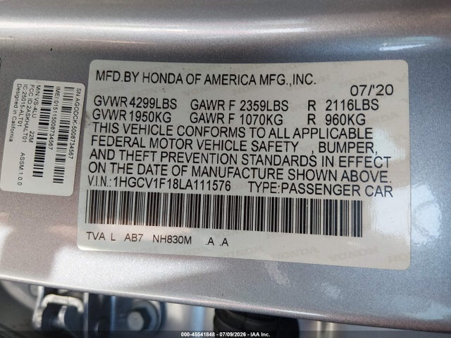 2020 Honda Accord Lx მანქანა იყიდება აუქციონზე, vin: 1HGCV1F18LA111576, აუქციონის ნომერი: 45541848