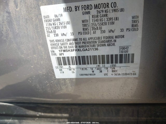 45541849 :رقم المزاد ، 1FMSK8FHXLGA21136 vin ، 2020 Ford Explorer Limited مزاد بيع