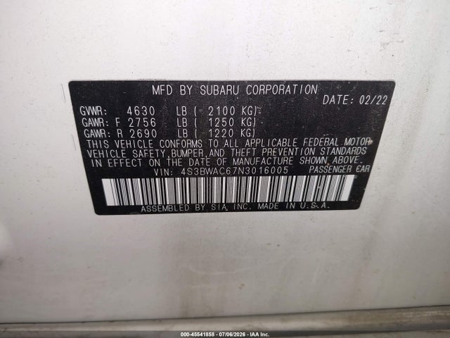 Продажа на аукционе авто 2022 Subaru Legacy Premium, vin: 4S3BWAC67N3016005, номер лота: 45541858