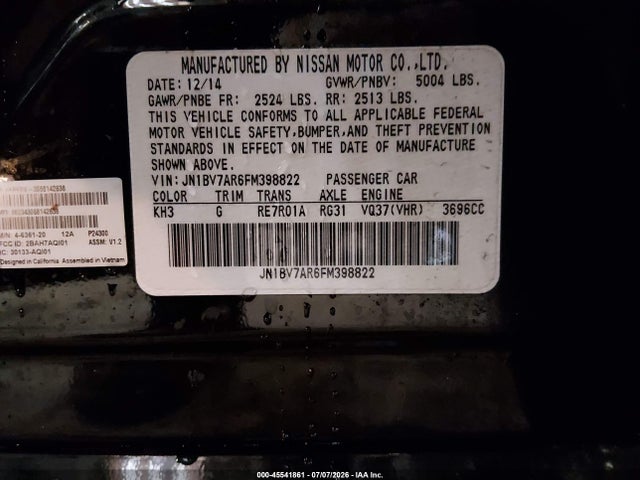 Продажа на аукционе авто 2015 Infiniti Q50 Premium, vin: JN1BV7AR6FM398822, номер лота: 45541861