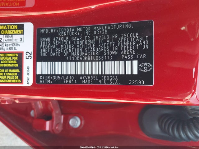 Продаж на аукціоні авто 2026 Toyota Camry Xle, vin: 4T1DBADK8TU056113, номер лоту: 45541900