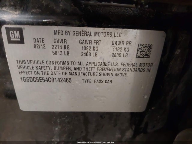 2012 Cadillac Cts Standard მანქანა იყიდება აუქციონზე, vin: 1G6DC5E54C0142465, აუქციონის ნომერი: 45541909