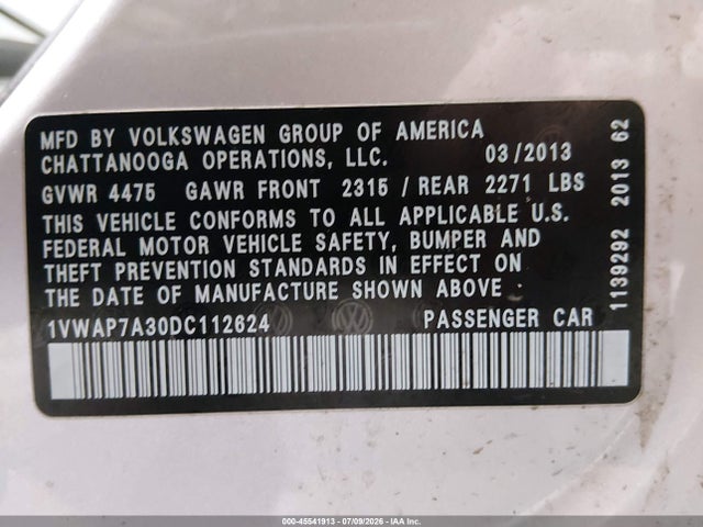 Aukcja sprzedaży 2013 Volkswagen Passat 2.5l S, vin: 1VWAP7A30DC112624, numer aukcji: 45541913