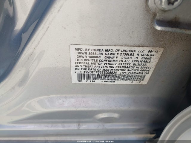 2014 Acura Ilx 2.0l მანქანა იყიდება აუქციონზე, vin: 19VDE1F36EE006824, აუქციონის ნომერი: 45541925