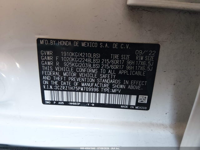 3CZRZ1H75PM709996 Honda Hr-v 2wd Ex-l