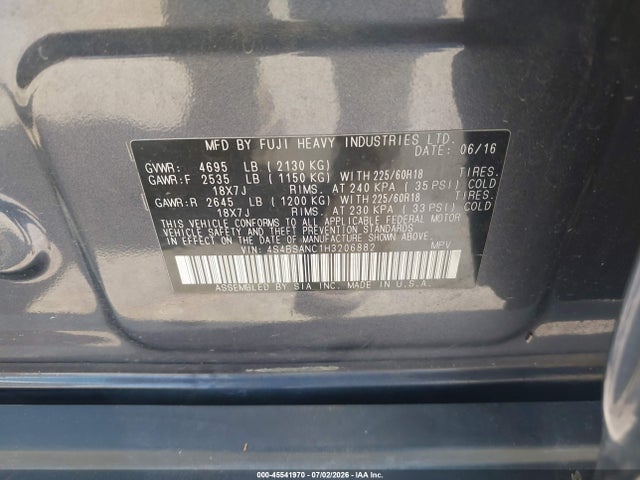 Продаж на аукціоні авто 2017 Subaru Outback 2.5i Limited, vin: 4S4BSANC1H3206882, номер лоту: 45541970
