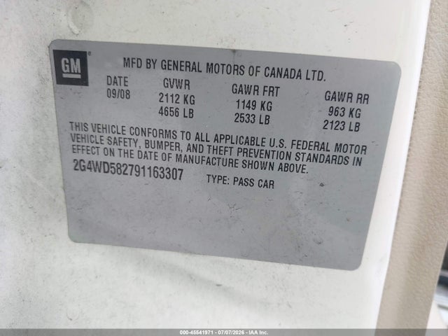 2009 Buick Lacrosse Cxl მანქანა იყიდება აუქციონზე, vin: 2G4WD582791163307, აუქციონის ნომერი: 45541971