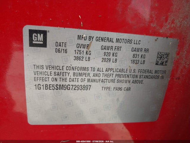 1G1BE5SM9G7293897 Chevrolet Cruze Lt Auto