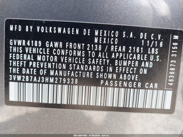 3VW2B7AJ3HM279338 Volkswagen Jetta 1.4t S
