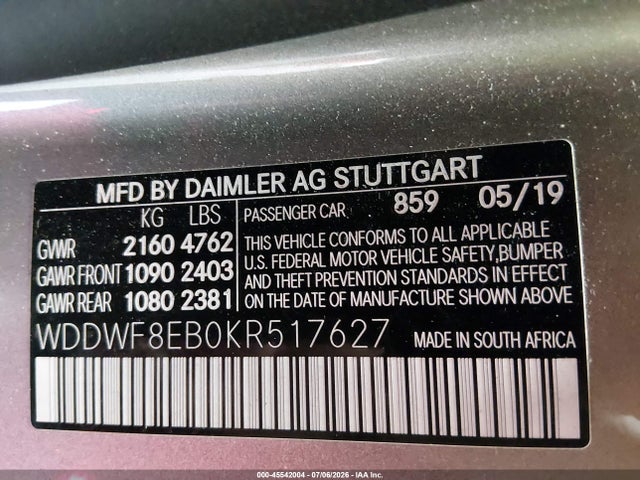 Aukcja sprzedaży 2019 Mercedes-benz C 300 4matic, vin: WDDWF8EB0KR517627, numer aukcji: 45542004