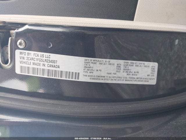 2020 Chrysler Pacifica Touring მანქანა იყიდება აუქციონზე, vin: 2C4RC1FG5LR234007, აუქციონის ნომერი: 45542008