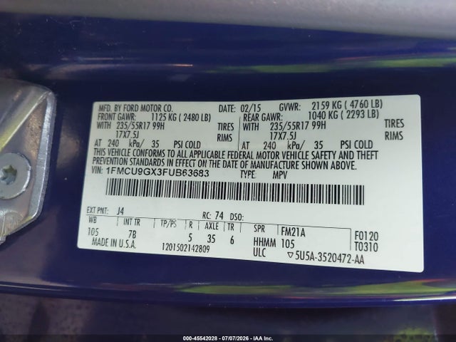 1FMCU9GX3FUB63683 Ford ESCAPE SE