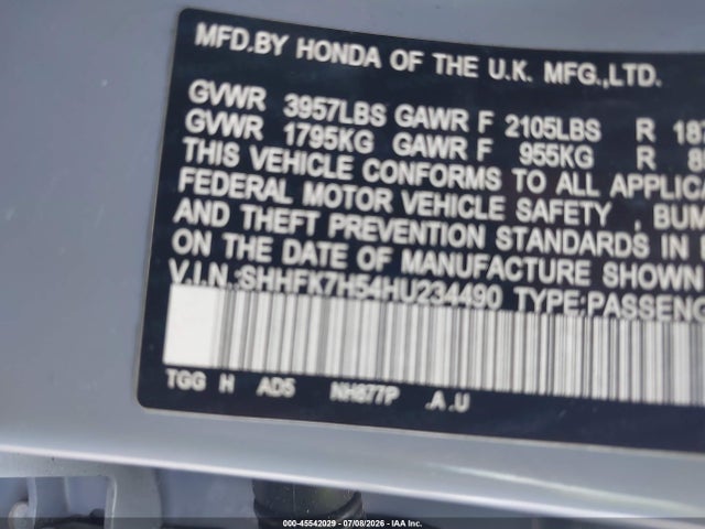 SHHFK7H54HU234490 Honda CIVIC EX