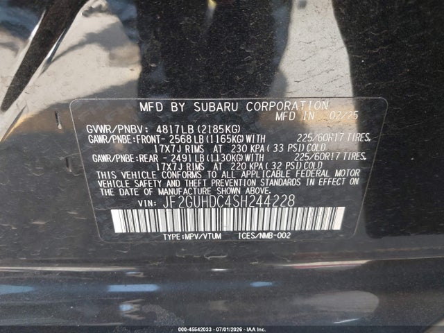 Продаж на аукціоні авто 2025 Subaru Crosstrek Premium, vin: JF2GUHDC4SH244228, номер лоту: 45542033