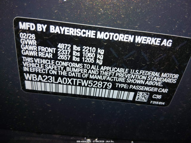 Aukcja sprzedaży 2026 Bmw 330i Xdrive, vin: WBA23LA0XTFW52879, numer aukcji: 45542035