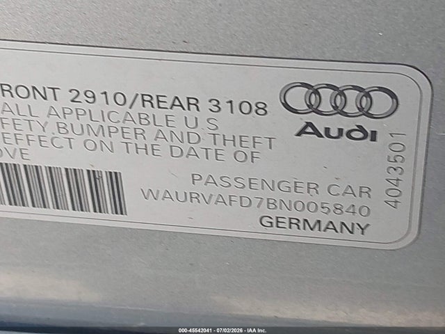 2011 Audi A8 L 4.2 მანქანა იყიდება აუქციონზე, vin: WAURVAFD7BN005840, აუქციონის ნომერი: 45542041