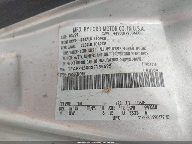 45542043 :رقم المزاد ، 1FAFP45X0XF155695 vin ، 1999 Ford Mustang Gt مزاد بيع