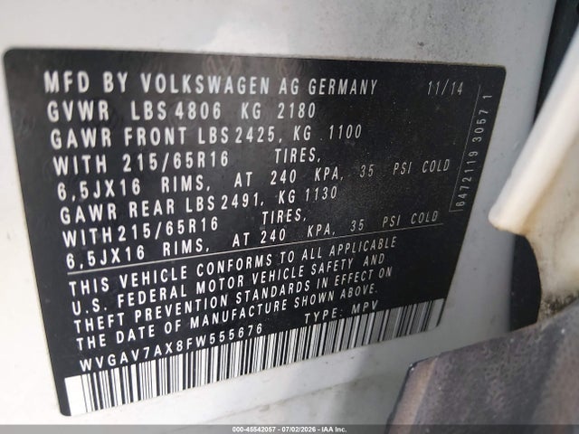 2015 Volkswagen Tiguan S მანქანა იყიდება აუქციონზე, vin: WVGAV7AX8FW555676, აუქციონის ნომერი: 45542057