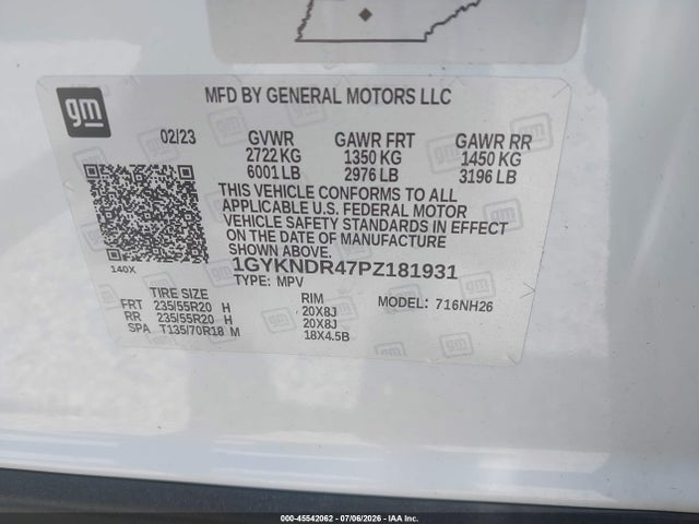 45542062 :رقم المزاد ، 1GYKNDR47PZ181931 vin ، 2023 Cadillac Xt5 Awd Premium Luxury مزاد بيع