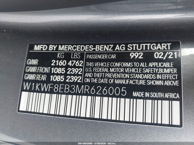 Aukcja sprzedaży 2021 Mercedes-benz C 300 4matic, vin: W1KWF8EB3MR626005, numer aukcji: 45542068