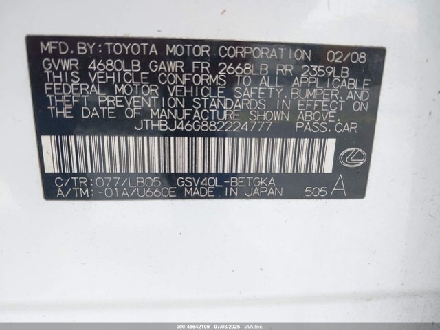 Продажа на аукционе авто 2008 Lexus Es 350, vin: JTHBJ46G882224777, номер лота: 45542109
