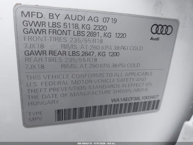 45542115 :رقم المزاد ، WA1AECF38L1003407 vin ، 2020 Audi Q3 Premium 45 Tfsi Quattro Tiptronic مزاد بيع