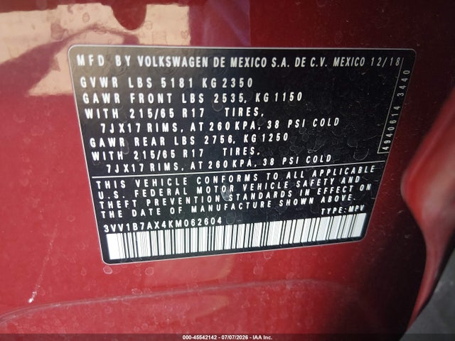 45542142 :رقم المزاد ، 3VV1B7AX4KM062604 vin ، 2019 Volkswagen Tiguan 2.0t S مزاد بيع