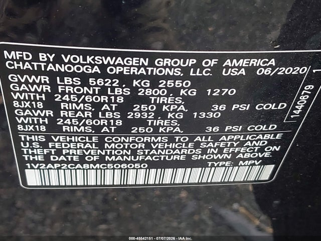 Продаж на аукціоні авто 2021 Volkswagen Atlas 2.0t S, vin: 1V2AP2CA8MC506050, номер лоту: 45542151