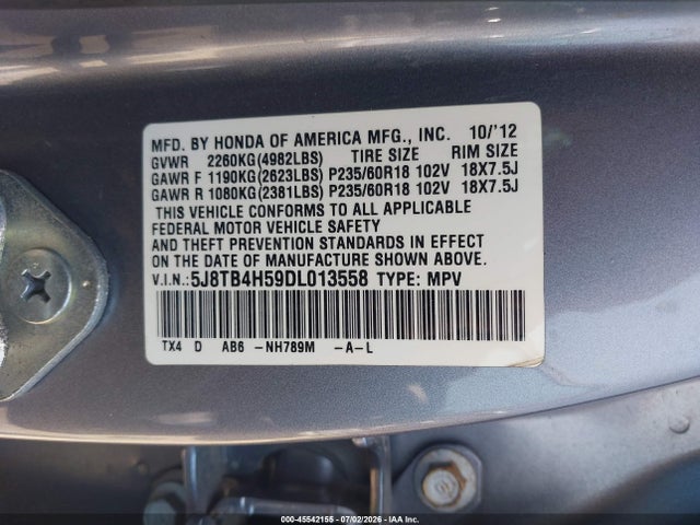 45542155 :رقم المزاد ، 5J8TB4H59DL013558 vin ، 2013 Acura Rdx مزاد بيع