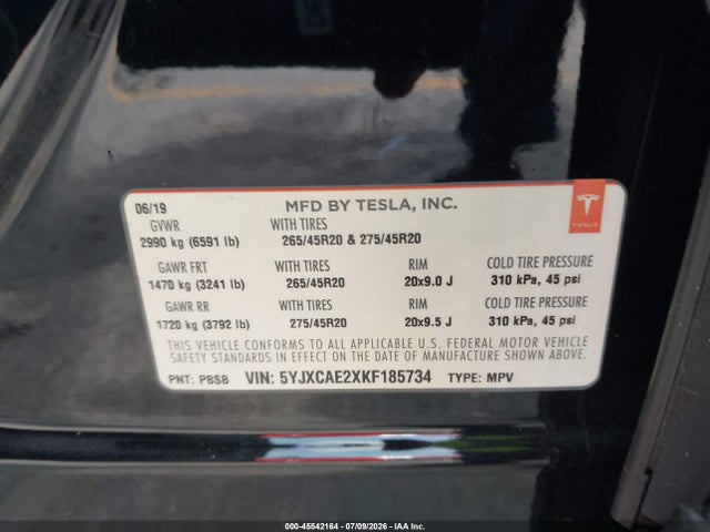 Aukcja sprzedaży 2019 Tesla Model X 100d/75d/long Range, vin: 5YJXCAE2XKF185734, numer aukcji: 45542164