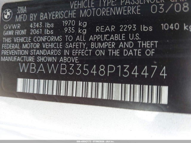 45542172 :رقم المزاد ، WBAWB33548P134474 vin ، 2008 Bmw 328i مزاد بيع