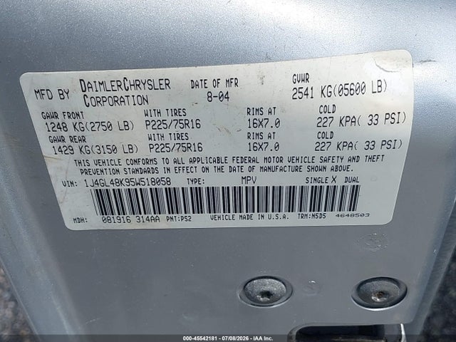 45542181 :رقم المزاد ، 1J4GL48K95W518058 vin ، 2005 Jeep Liberty Sport مزاد بيع