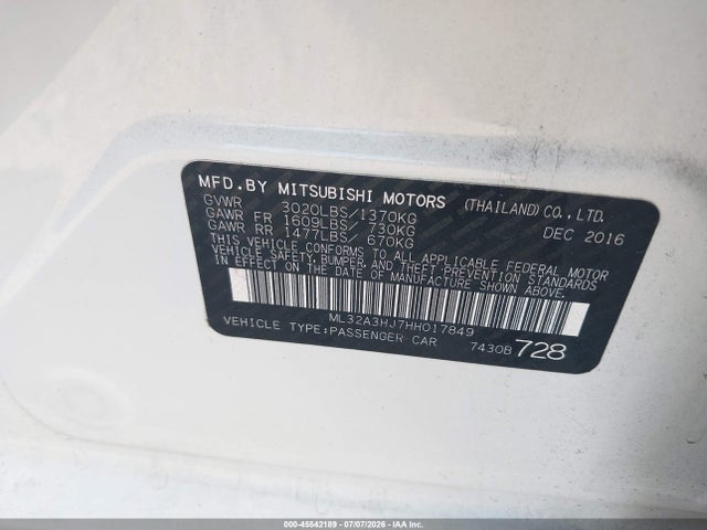 2017 Mitsubishi Mirage Es მანქანა იყიდება აუქციონზე, vin: ML32A3HJ7HH017849, აუქციონის ნომერი: 45542189