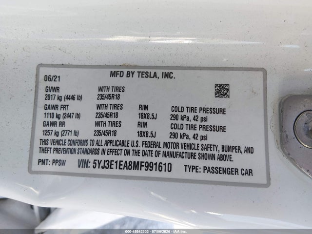 Tesla Model 3 Standard Range Plus Rear-wheel Drive 2021 5YJ3E1EA8MF991610 Image 9