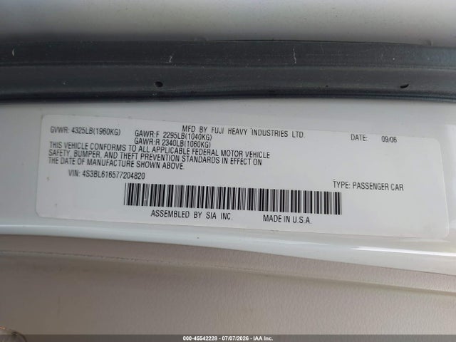 Aukcja sprzedaży 2007 Subaru Legacy 2.5i, vin: 4S3BL616577204820, numer aukcji: 45542228