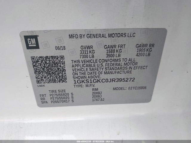 2018 Gmc Yukon Xl Slt მანქანა იყიდება აუქციონზე, vin: 1GKS1GKC0JR395272, აუქციონის ნომერი: 45542235