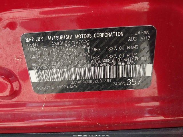2018 Mitsubishi Outlander Sport 2.0 Es მანქანა იყიდება აუქციონზე, vin: JA4AP3AU8JZ001861, აუქციონის ნომერი: 45542259