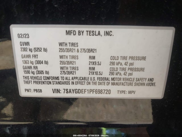 2023 Tesla Model Y Awd/performance Dual Motor All-wheel Drive მანქანა იყიდება აუქციონზე, vin: 7SAYGDEF1PF698720, აუქციონის ნომერი: 45542264
