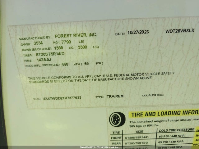 Продаж на аукціоні авто 2024 Forest River X Lite, vin: 4X4TWDD27R7377633, номер лоту: 45542272