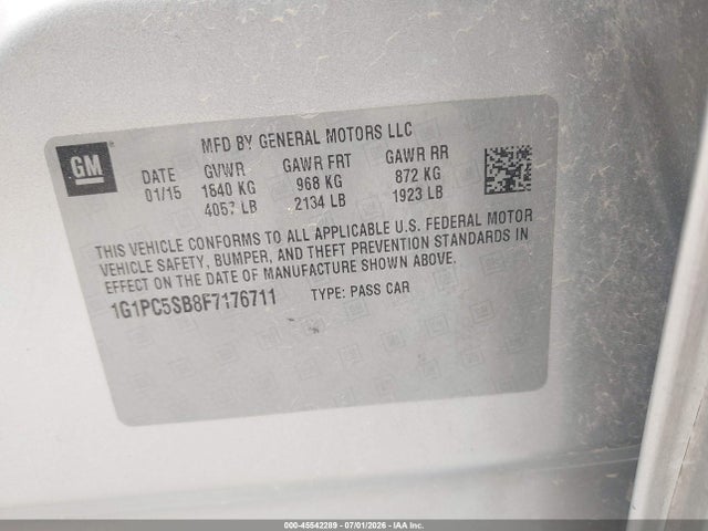 45542289 :رقم المزاد ، 1G1PC5SB8F7176711 vin ، 2015 Chevrolet Cruze 1lt Auto مزاد بيع