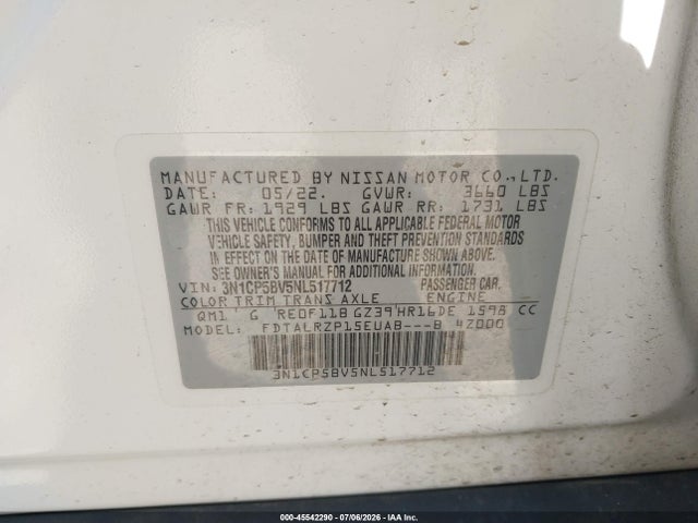 3N1CP5BV5NL517712 Nissan Kicks S Xtronic Cvt